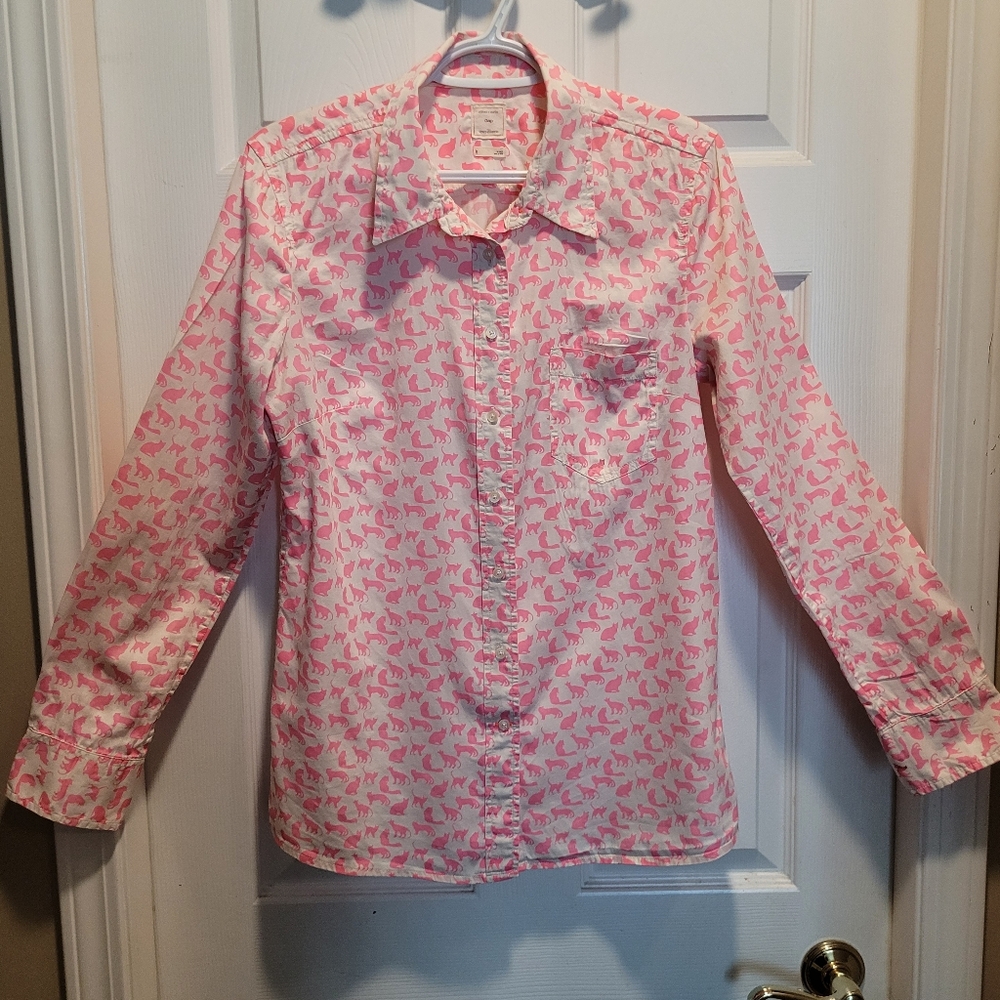 GAP White Button Down Shirt with PINK CATS (Med)
